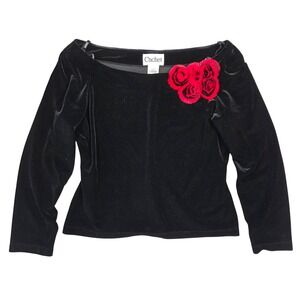 Cachet Black Velvet Boat Neck Top Red Rose Applique XL Holiday Classy Preppy